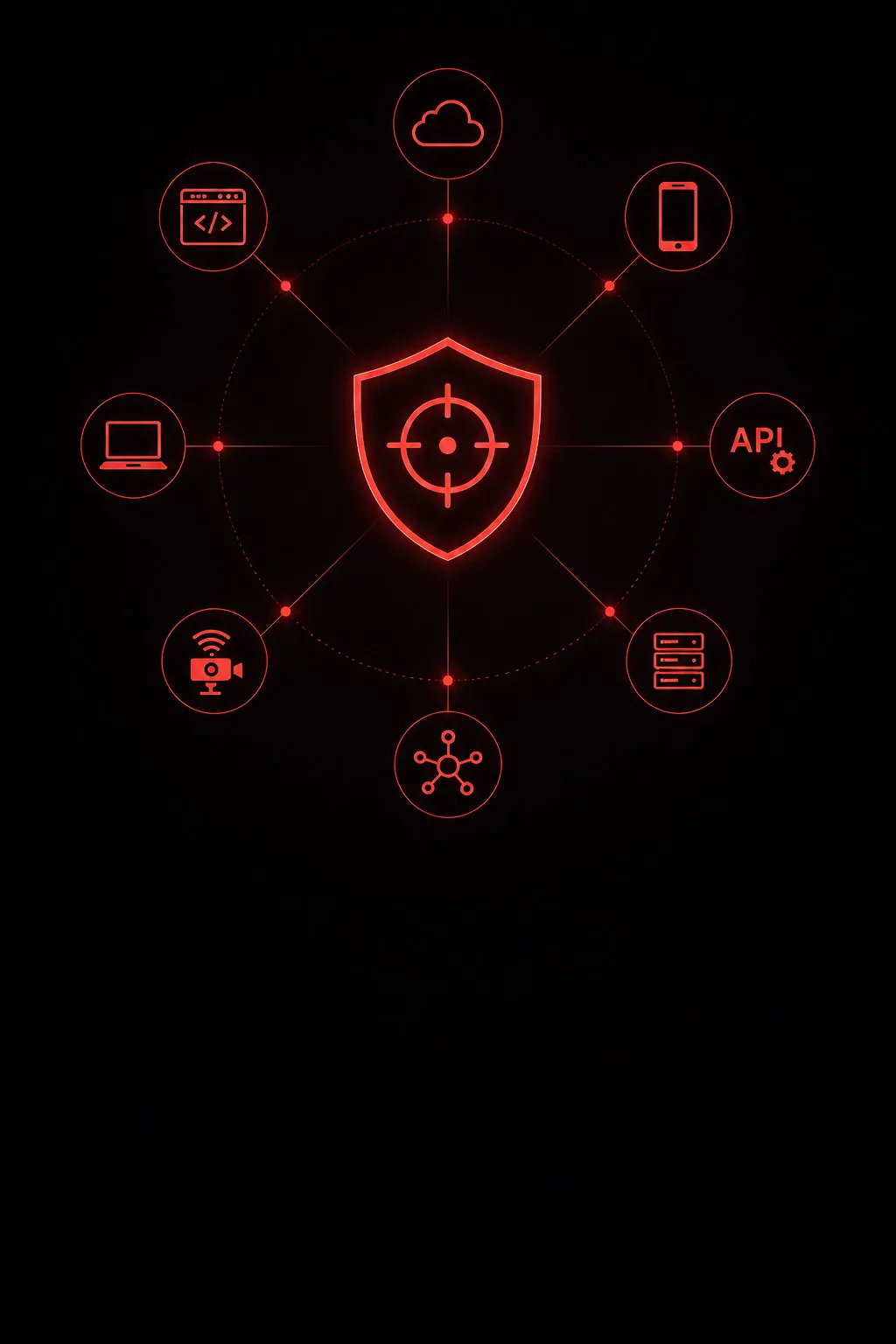 조준선이 있는 방패가 웹, 모바일, API, 네트워크, 클라우드, IoT, 서버 아이콘과 연결된 그림